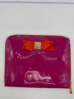 TED BAKER Pink Fuchsia PVC Orange Bow Padded iPad Tablet Sleeve Organizer Pouch